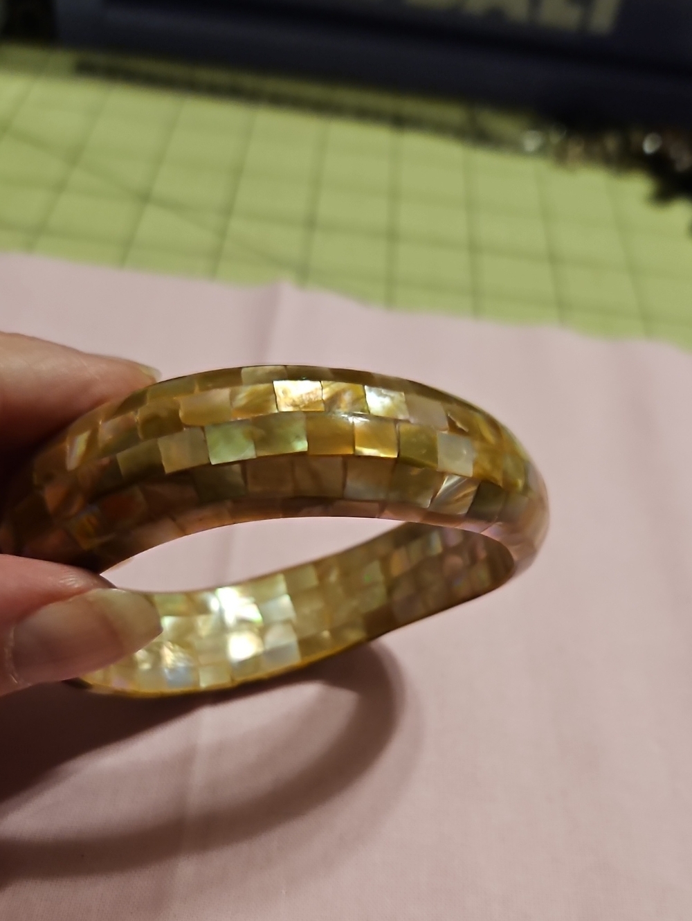 Handcrafted Mother-of-Pearl Mosaic Bangle Bracelet - Gold Tones